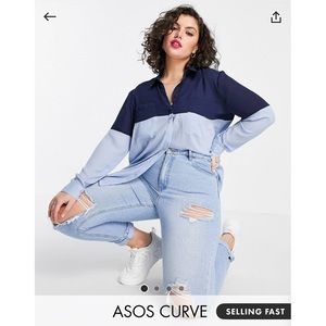 ASOS Curve Two-Tone Navy and Light Blue Button-Up Blouse